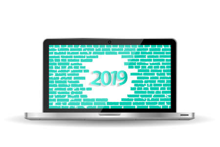 Turquoise New Year 2019 greeting card concept on opened notebook. Vector illustrationのイラスト素材