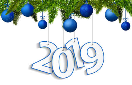 New Year and Christmas 2019 concept with blue Christmas balls. Vector illustrationのイラスト素材