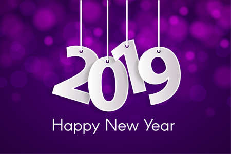 Blurry violet Happy New Year 2019 greeting card concept with paper cuted white numbers on ropes. Vector illustrationのイラスト素材