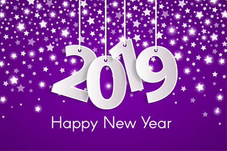 Violet Happy New Year 2019 greeting card concept with paper cuted white numbers on silver star fall background. Vector illustrationのイラスト素材