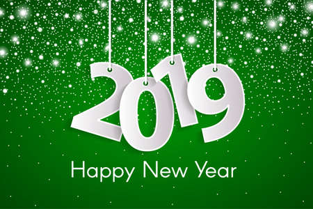 Green flat style origami Happy New Year 2019 greeting card concept with paper cuted white numbers on ropes and shining snow. Vector illustrationのイラスト素材