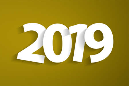 Happy New Year 2019 concept with paper cuted white numbers on yellow background. Vector illustrationのイラスト素材