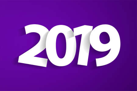 Happy New Year 2019 concept with paper cuted white numbers on violet background. Vector illustrationのイラスト素材