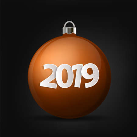 Xmas and New Year 2019 concept. Realistic orange christmas ball with silver holder isolated. Vector illustrationのイラスト素材