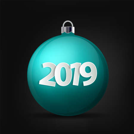 Xmas and New Year 2019 concept. Realistic cyan christmas ball with silver holder isolated. Vector illustrationのイラスト素材