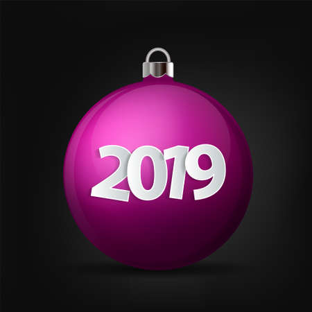 Xmas and New Year 2019 concept. Realistic pink christmas ball with silver holder isolated. Vector illustrationのイラスト素材