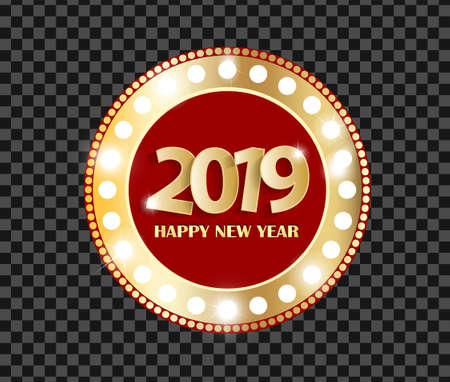 Red Happy New Year 2019 greeting card concept with golden cuted numbers isolated on dark transparent background. Vector illustrationのイラスト素材