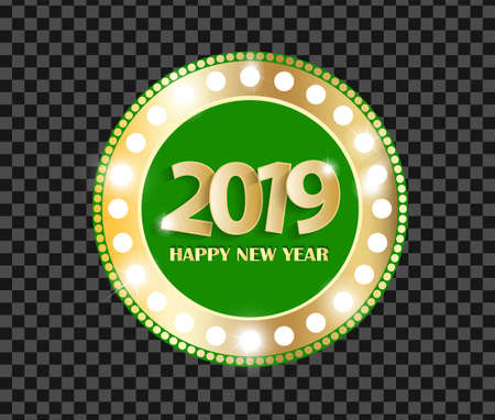 Green Happy New Year 2019 greeting card concept with golden cuted numbers isolated on dark transparent background. Vector illustrationのイラスト素材