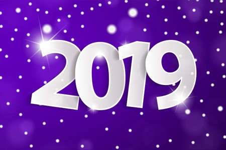 Violet Happy New Year 2019 greeting card concept with white paper cuted numbers. Vector illustrationのイラスト素材