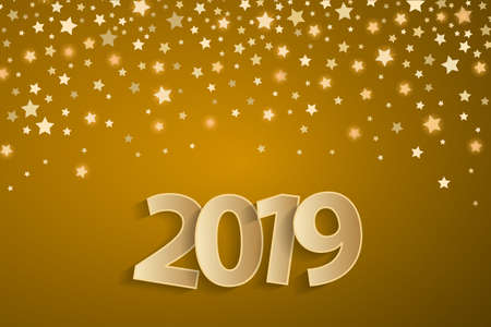 Yellow Happy New Year 2019 greeting card concept with golden paper cuted numbers and gold starfall. Vector illustrationのイラスト素材
