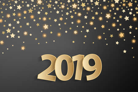 Grey Happy New Year 2019 greeting card concept with golden paper cuted numbers and gold starfall. Vector illustrationのイラスト素材