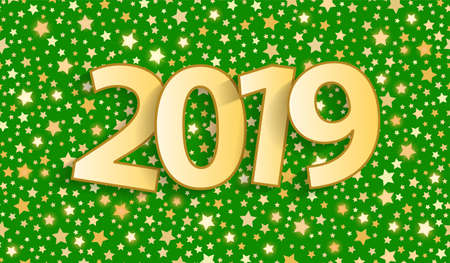 Green Happy New Year and Marry Christmas 2019 greeting card concept with golden paper cuted numbers and gold stars. Vector illustrationのイラスト素材