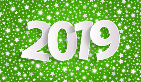 Green Happy New Year 2019 greeting card concept with white paper cuted numbers with silver stars. Vector illustrationのイラスト素材