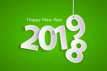 Green Happy New Year 2019 card with paper cuted white numbers on ropes. Year change concept. Vector illustrationのイラスト素材