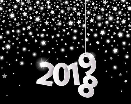 Black 2019 greeting card concept with paper cuted white numbers on silver star fall background. Change year concept. Happy New Year and Merry Christmas. Vector illustrationのイラスト素材