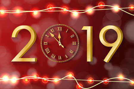 Golden New Year 2019 concept with realistic Christmas lights on red background. Vector greeting card illustration with gold numbers and vintage clockのイラスト素材