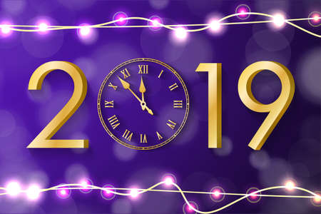 Golden New Year 2019 concept with realistic Christmas lights on violet background. Vector greeting card illustration with gold numbers and vintage clockのイラスト素材