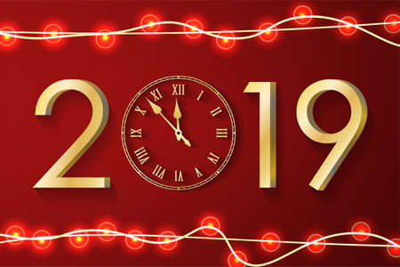 Golden New Year 2019 concept with realistic Christmas lights on red background. Classic greeting card with gold numbers and vintage clock. Vector illustrationのイラスト素材