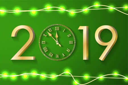 Golden New Year 2019 concept with realistic Christmas lights on green background. Classic greeting card with gold numbers and vintage clock. Vector illustrationのイラスト素材
