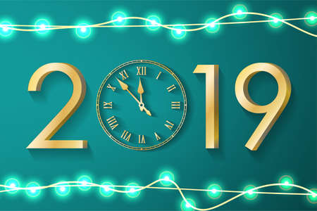 Golden New Year 2019 concept with realistic Christmas lights on turquoise background. Classic greeting card with gold numbers and vintage clock. Vector illustrationのイラスト素材