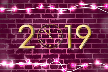 Purple New Year 2019 concept with realistic Christmas lights on brick wall background. Vector...