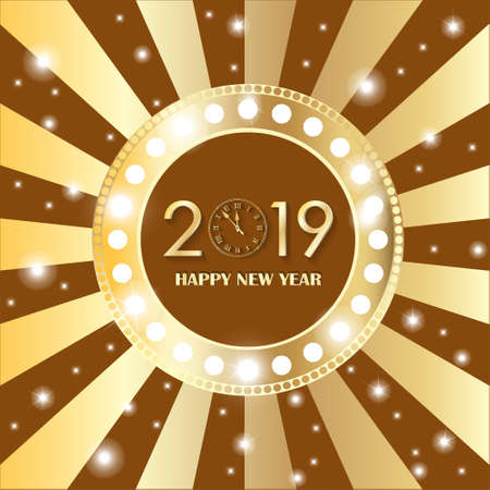 Shining gold circle vintage banner with garland christmas lights on retro brown and golden background. New Year 2019 manga concept. Vector illustrationのイラスト素材