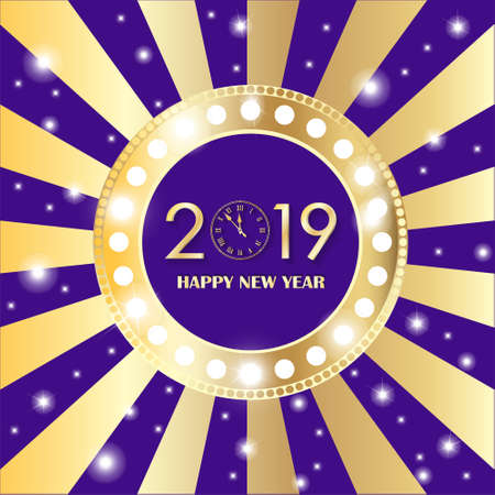 Shining gold circle vintage banner with garland christmas lights on retro violet and golden background. New Year 2019 manga concept. Vector illustrationのイラスト素材