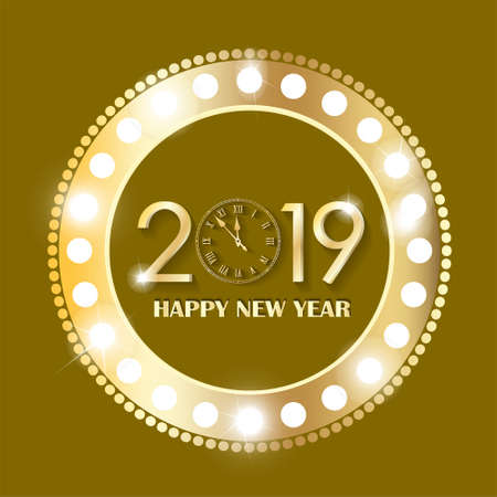 Shining retro gold circle vintage banner with lights on yellow background. New Year 2019 concept. Vector illustrationのイラスト素材