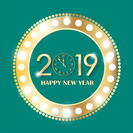 Shining retro gold circle vintage banner with lights on cyan background. New Year 2019 concept. Vector illustrationのイラスト素材
