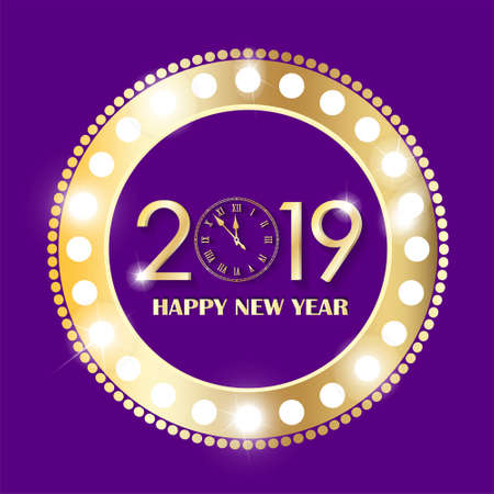Shining retro gold circle vintage banner with lights on violet background. New Year 2019 concept. Vector illustrationのイラスト素材