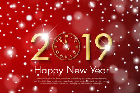Golden New Year 2019 concept on red snow blurry background. Vector greeting card illustration with golden numbers and vintage clockのイラスト素材