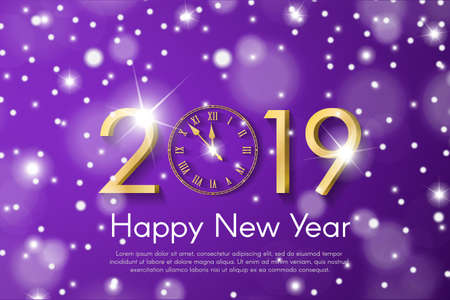 Golden New Year 2019 concept on violet snow blurry background. Vector greeting card illustration with golden numbers and vintage clockのイラスト素材