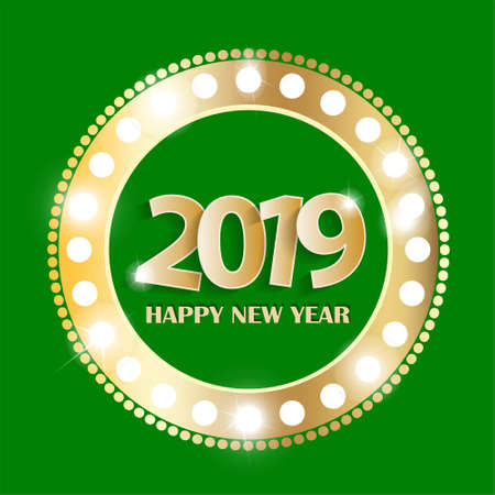 Green Happy New Year 2019 greeting card concept with golden numbers in vintage shining gold ring. Vector illustrationのイラスト素材