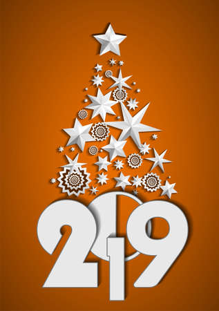 Christmas Tree made of stars and snowflakes on orange background. New Year 2019 concept. Vector illustrationのイラスト素材