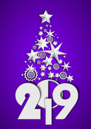 Christmas Tree made of stars and snowflakes on violet background. New Year 2019 concept. Vector illustrationのイラスト素材
