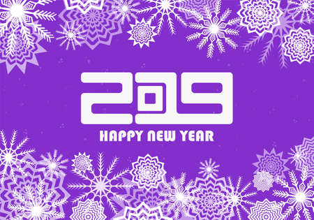 Violet and white New Year 2019 modern concept. Falling snow background with flares and sparkles.  Snowflakes abstract. Winter thunder. Vector illustrationのイラスト素材