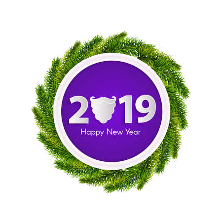 New Year 2019 violet greeting card concept with christmas tree branches and beard isolated. Vector illustrationのイラスト素材