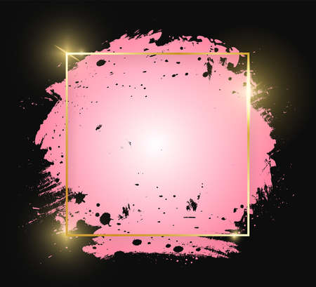 Gold shiny glowing square frame with pink brush strokes isolated on black background. Golden line border for invitation, card, sale, fashion, wedding, print etc. Woman, Valentine or mother day. Vectorのイラスト素材