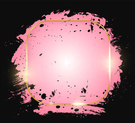 Gold shiny glowing square frame with pink brush strokes isolated on black background. Golden line border for invitation, card, sale, fashion, wedding, print etc. Woman, Valentine or mother day. Vectorのイラスト素材