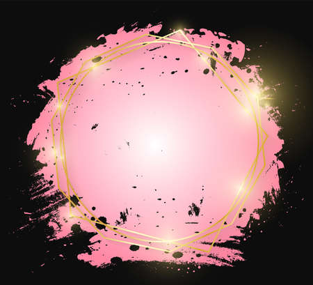 Gold shiny glowing art frame with pink brush strokes isolated on black background. Golden line border for invitation, card, sale, fashion, wedding, print etc. Woman, Valentine or mother day. Vectorのイラスト素材