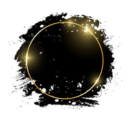 Gold shiny glowing round frame with grunge black brush strokes isolated on white background. Golden luxury line border for invitation, card, sale, fashion, advertising, photo etc. Vector illustrationのイラスト素材