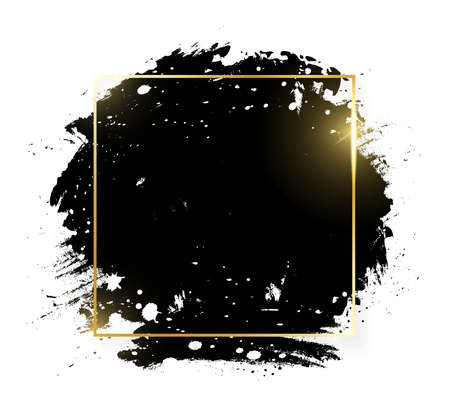 Gold shiny glowing square frame with grunge black brush strokes isolated on white background. Golden luxury line border for invitation, card, sale, fashion, advertising, photo etc. Vector illustrationのイラスト素材