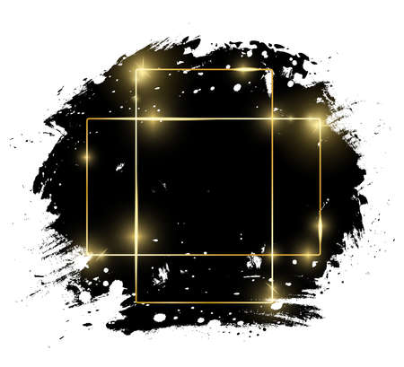 Gold shiny glowing art frame with grunge black brush strokes isolated on white background. Golden luxury line border for invitation, card, sale, fashion, advertising, photo etc. Vector illustrationのイラスト素材