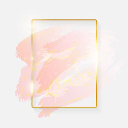 Gold shiny glowing rectangle frame with rose pastel brush strokes isolated on white background. Golden luxury line border for invitation, card, sale, fashion, wedding, photo etc. Vector illustrationのイラスト素材
