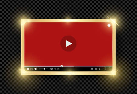Golden shining modern video red player design template for web and mobile apps flat style isolated on transparent background. Vector illustrationのイラスト素材