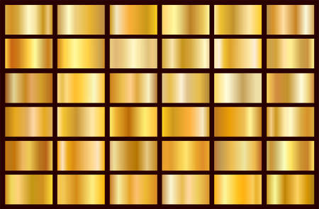 Realistic gold gradient texture pack. Shiny golden metal foil gradient set. Vector illustrationのイラスト素材