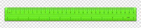 Realistic plastic green tape ruler isolated on transparent background. Double sided measurement in cm and inches. Vector illustrationのイラスト素材