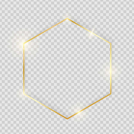 Gold shiny glowing vintage hexagon frame with shadows isolated on transparent background. Golden luxury realistic border. Wedding, mothers or Valentines day concept. Xmas and New Year abstract. Vectorのイラスト素材