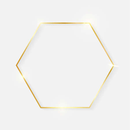 Gold shiny glowing vintage hexagon frame with shadows isolated on white background. Golden luxury realistic border. Wedding, mothers or Valentines day concept. Xmas and New Year abstract. Vectorのイラスト素材