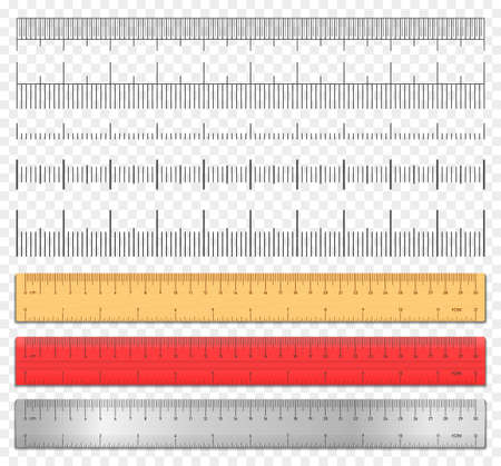 Realistic tape rulers and scale measure set isolated on transparent background. Plastic, metal and wooden double sided measurement in cm and inches. Length measurement scale chart. Vector illustrationのイラスト素材